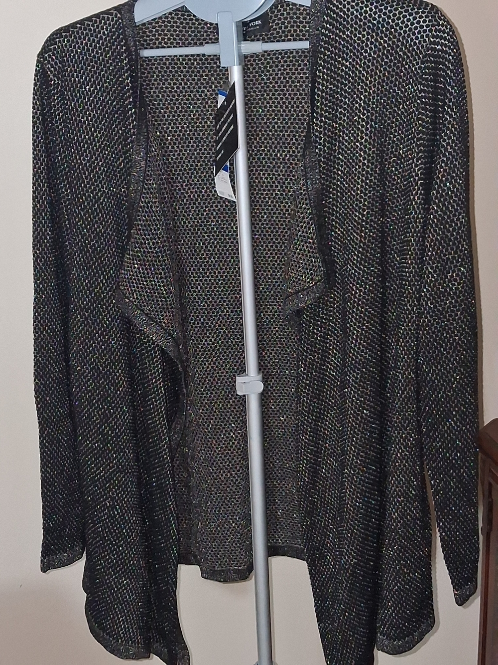 Jones New York Black Metallic Open-Front Cardigan